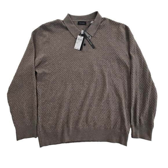 Tahari Textured Henley Sweater Men's Large Taupe NWT Wool Blend Long Sleeve NEW - Picture 1 of 16
